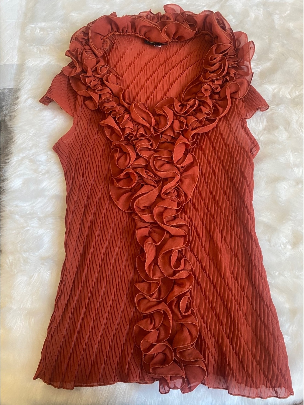 Lady City Ruffle V Neck Blouse Medium Rust Orange